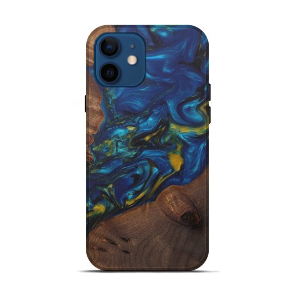 iPhone 12 Wood+Resin Live Edge Phone Case - Elana (Teal & Gold, 574852) Cheap