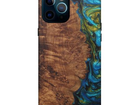 iPhone 12 Pro Max Wood+Resin Live Edge Phone Case - Garnet (Teal & Gold, 575519) For Sale