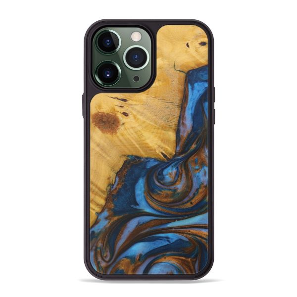 iPhone 13 Pro Max Wood+Resin Phone Case - Salomi (Teal & Gold, 576177) For Sale